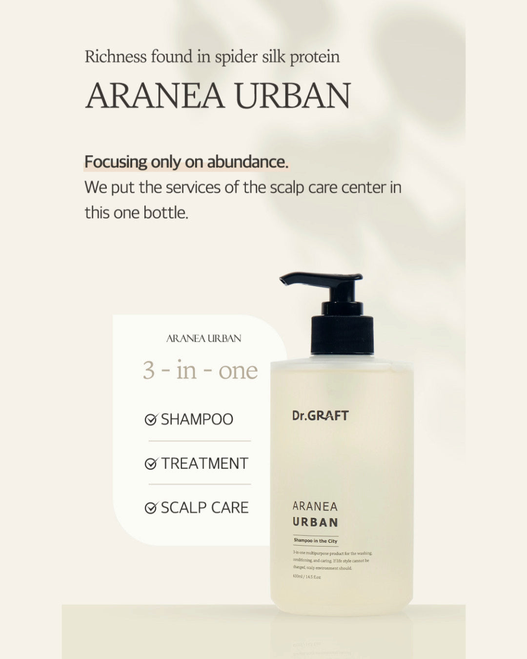 Dr.GRAFT Aranea Urban Shampoo 430ml — Spider Silk Protein 3-in-1 Hair Loss Shampoo